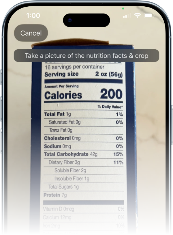Nutrition label scanner interface